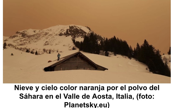 Nieve y cielo color naranja