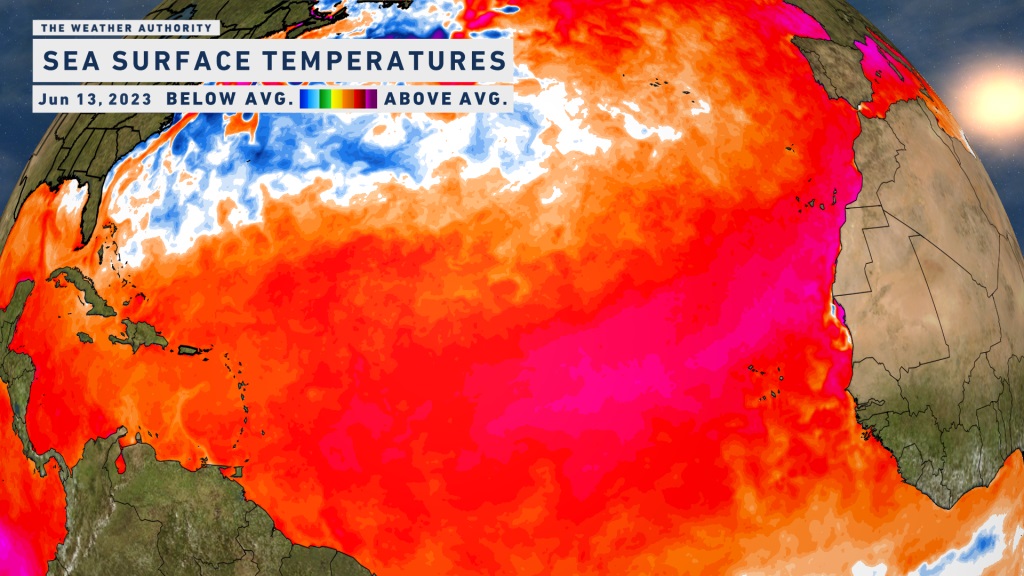 Temperaturas de la superficie del mar muy superiores al promedio histórico en el Atlántico.