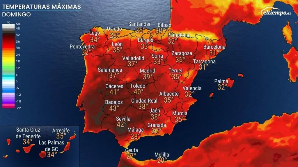Temperaturas máximas reportadas el pasado domingo en España durante la actual ola de calor. Obsérvense los mayores valores en el interior de la Península.