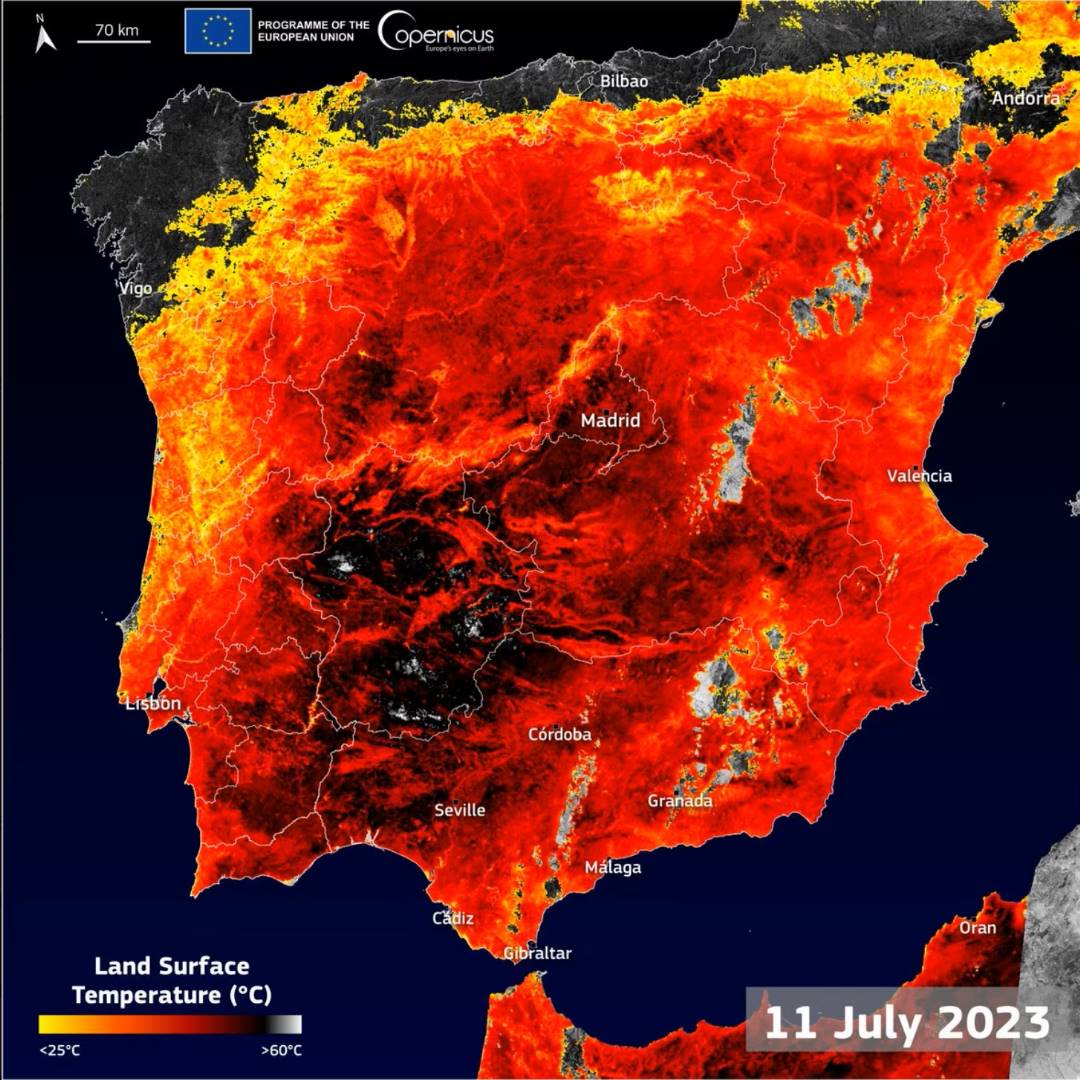 Interesante imagen por el satélite europeo que muestra temperaturas en el suelo de hasta 60 ºC en las zonas más oscuras.