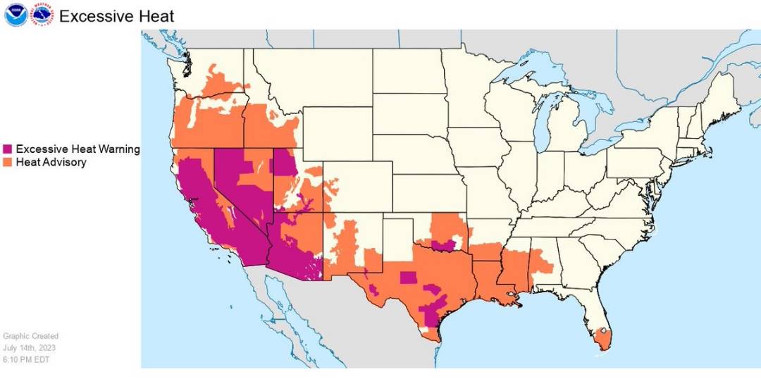 Advertencias por calor excesivo en los Estados Unidos.