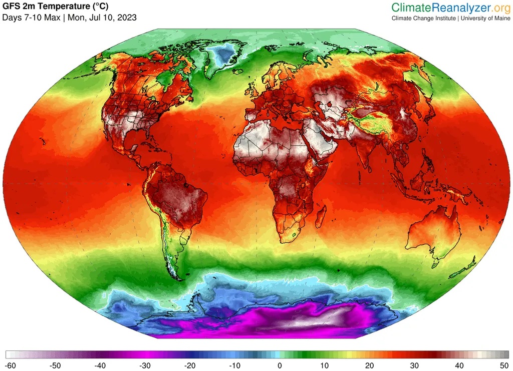 Temperaturas en la Tierra a mediados de julio de 2023. Los colores rojo oscuro señalan temperatura de más de 30 º C