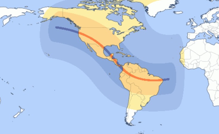 Trayectoria de la traza del eclipse sobre la Tierra. En el lugar central se podrá ver el eclipse en su totalidad, al ser anular, se verá “el anillo de fuego”. Al alejarse de ese punto central, el eclipse se verá como parcial, y la zona oscura dependerá de cuán lejos se encuentre el observador de la zona central. (Gráfica: Time and Date.com)