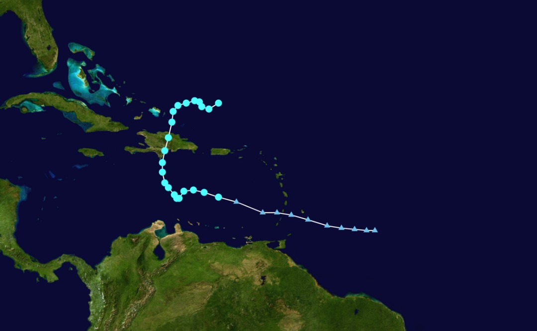 Trayectoria (hasta el 15 de agosto de 2023) de la Tormenta Tropical FRANKLIN.