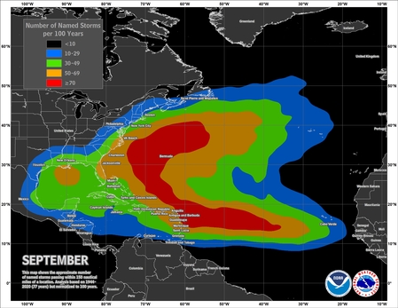 Zonas de formación de ciclones Tropicales en el Atlántico durante septiembre. La preponderancia está en el Atlántico.