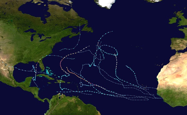 Trayectorias de las Tormentas Tropicales y Huracanes de la Temporada Ciclónica de 2023. Obsérvese que muchas han partico de África occidental y sus trayectorias se enrumban hacia el Atlántico Norte.