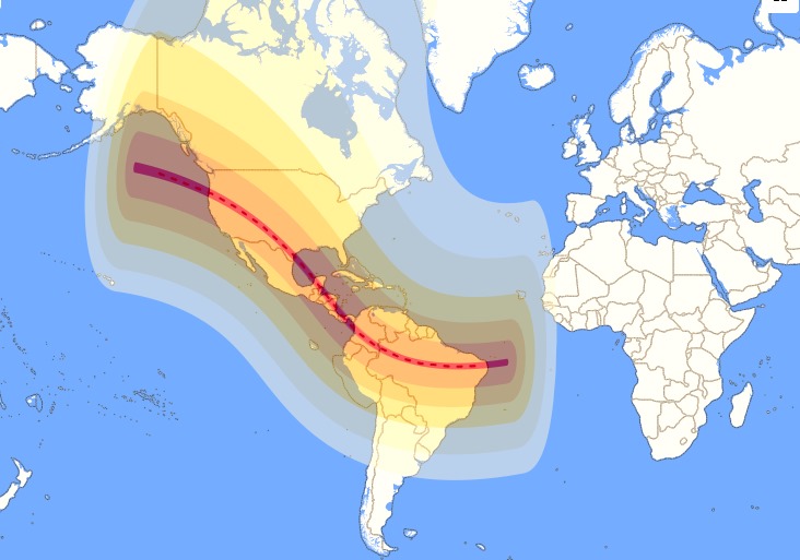 Trayectoria de la zona de sombra. Mientras menor sea la distancia de una localidad a la zona sombreada en rojo, más cubierto estará el Sol, hasta cerca del 100% en la línea roja, disminuyendo el área ennegrecida del astro rey, a medida que se aleje de dicha línea roja, Es este caso el eclipse será anular, pero si fuera un eclipse de Sol total normal, se oscurecería todo el Sol en la línea roja. Gráfico: Time and Date