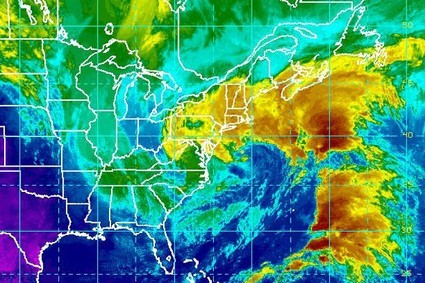 Athena fue la primera tormenta invernal nombrada en noviembre de 2012 por The Weather Channel. Obsérvese la poca definición general del sistema meteorológico. Foto: NOAA