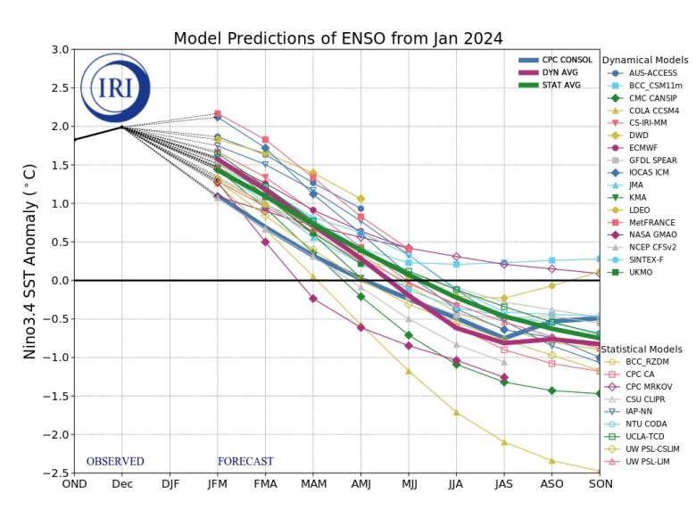 Pronósticos de los modelos Globales realizados por IRI en el pasado mes de enero de 2024. Los mismos son consecuentes con el del CPC mostrado en la gráfica anterior a ésta, realizados de manera independiente en febrero de 2024.