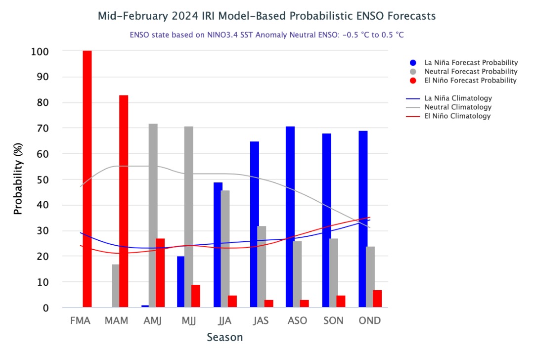 Pronóstico del ENOS realizado a mediado de febrero de 2024. Obsérvense que la barra azul (La Niña) supera a la barra gris (Neutro), en todos los trimestres que corresponden a la Temporada ciclónica 2024.  (gráfica IRI)