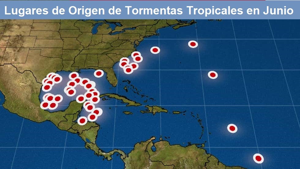 Lugares de origen de Tormentas tropicales en junio
