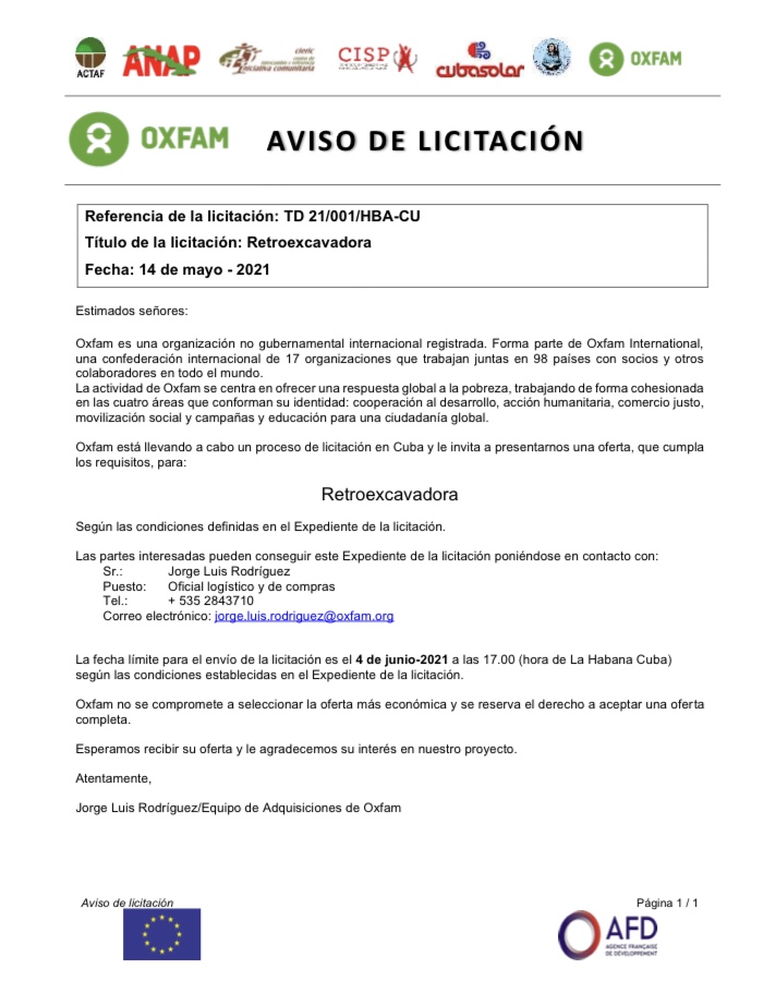 OXFAM-Aviso de licitación-Retroexcavadora