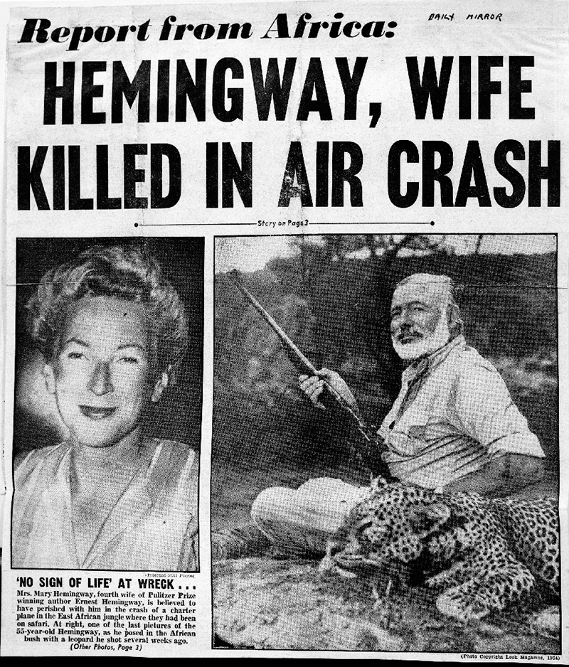 Una publicación de la época anuncia la muerte de Hemingway y su esposa en el accidente aéreo