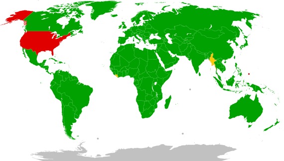 En color verde, países que emplean oficialmente el Sistema Internacional de Unidades; En amarillo, países en proceso de adherirse al Sistema Internacional; en rojo, los Estados Unidos, único país que emplea oficialmente en el Sistema Imperial de Unidades o Sistema Anglosajón