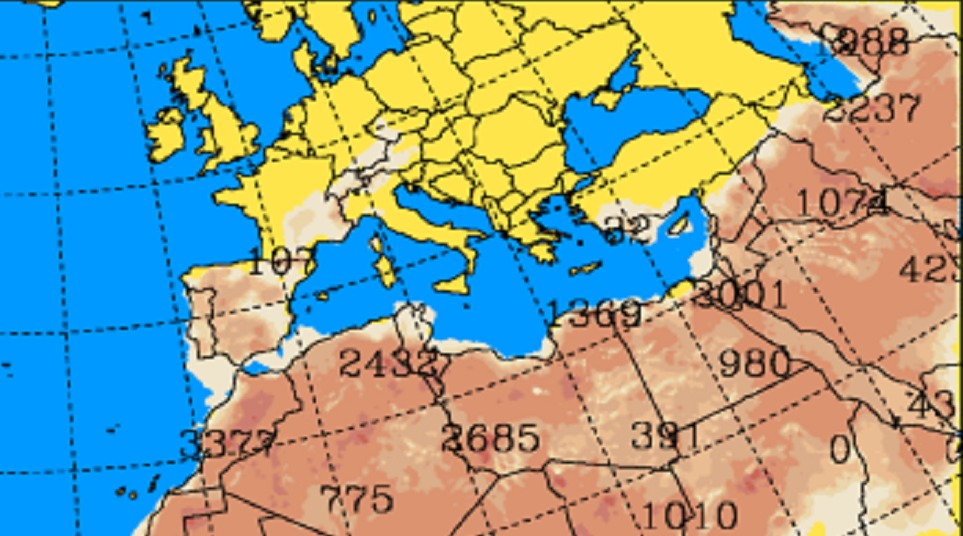 Sección del mapa anterior, para mostrar mejor a la península Ibérica y a los países del Medio Oriente.