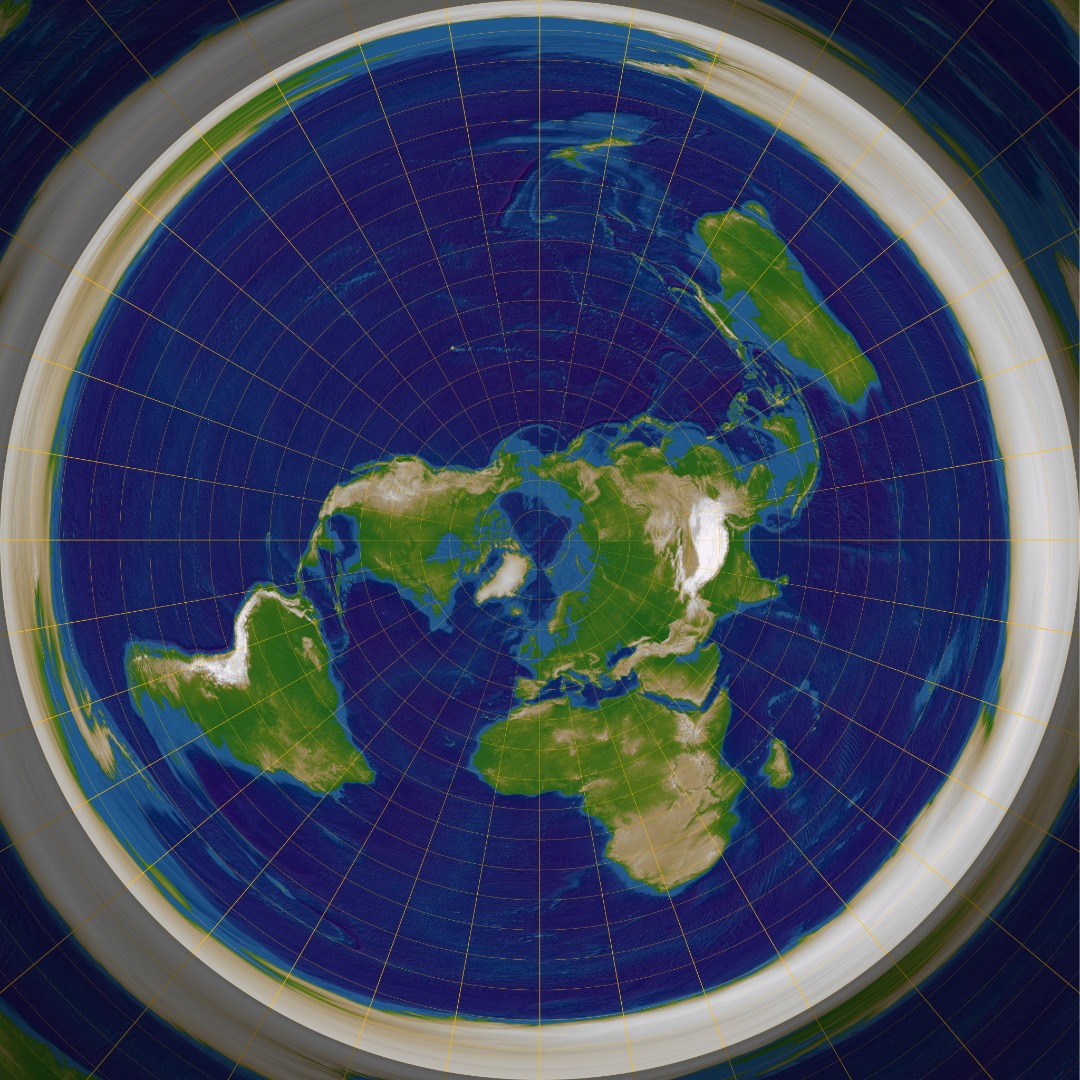 Proyección Azimutal, muy buena representación de las layitudes polares, pero muy distorsionada en el resto, más mientras se aleja del polo correspondiente.