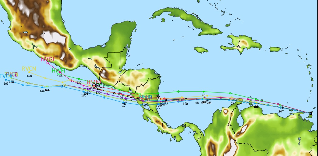 Modelos de Pronóstico de Trayectoria de la perturbación tropical (Ciclón Tropical Potencial No.2), llegando en horas del próximo sábado a Nicaragua.