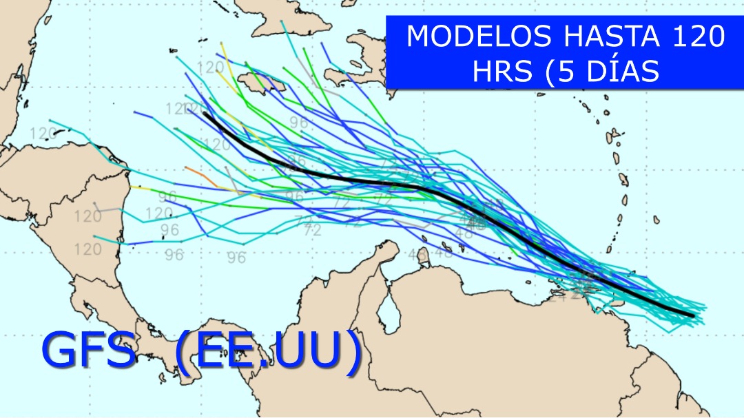 Modelo de pronóstico Numérico muestra las trayectorias pronosticadas para la aún perturbación tropical que está a punto de penetrar por el Sudeste del Caribe