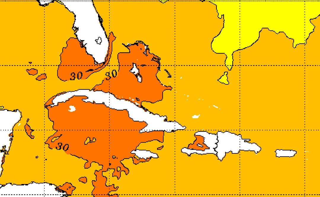 Muy altas temperaturas en la superficie del mar previas al cruce de Ian