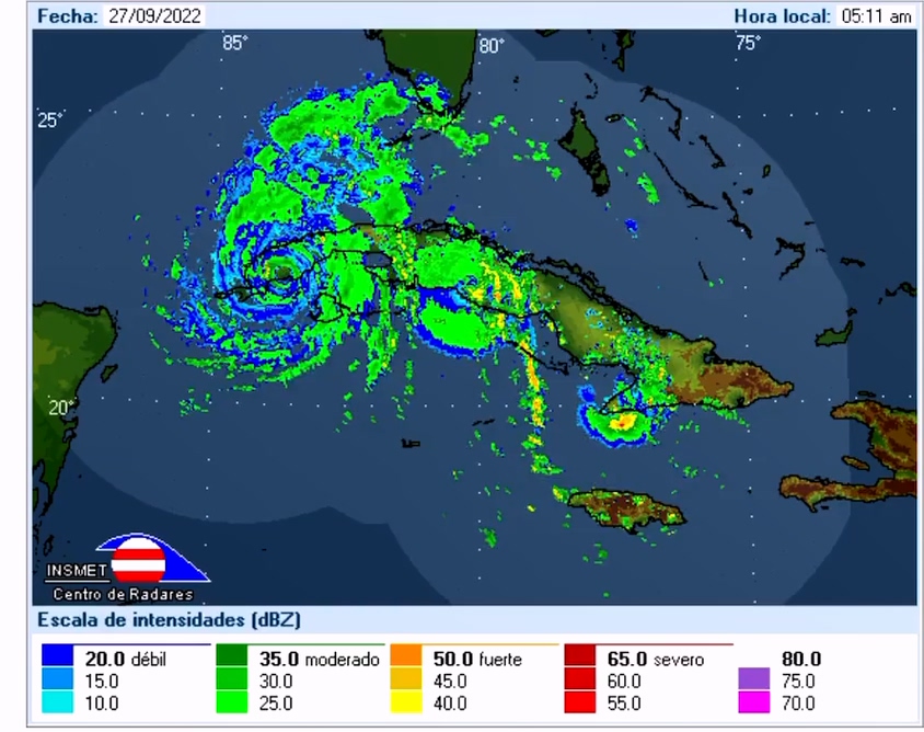 Llegada a tierra del centro del huracán Ian al occidente de Cuba, según la imagen de radar.