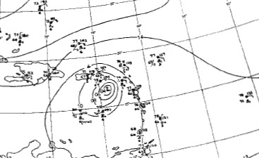 Mapa del Tiempo del 3 de enero de 1955 mostrando al Huracán ALICE en el Nordeste del Caribe oriental.
