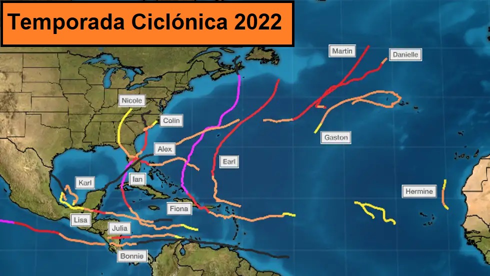 Trayectorias de las tormentas tropicales y huracanes de la Temporada 2022