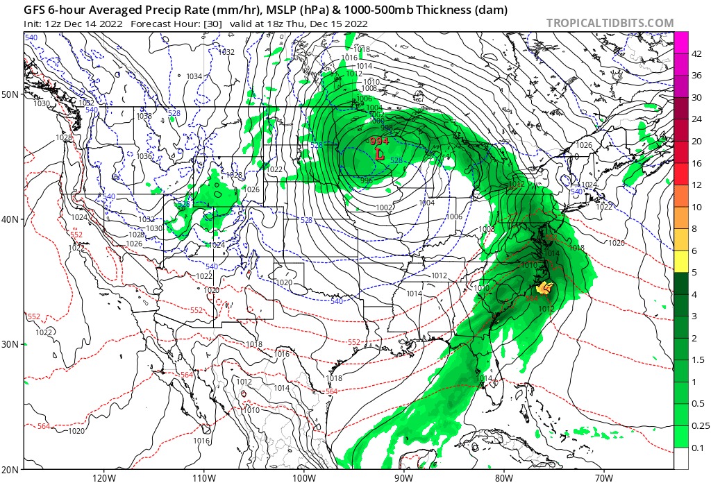 Actual sistema invernal, baja extratropical y frente frío, que azota en estos días el continente norteamericano.