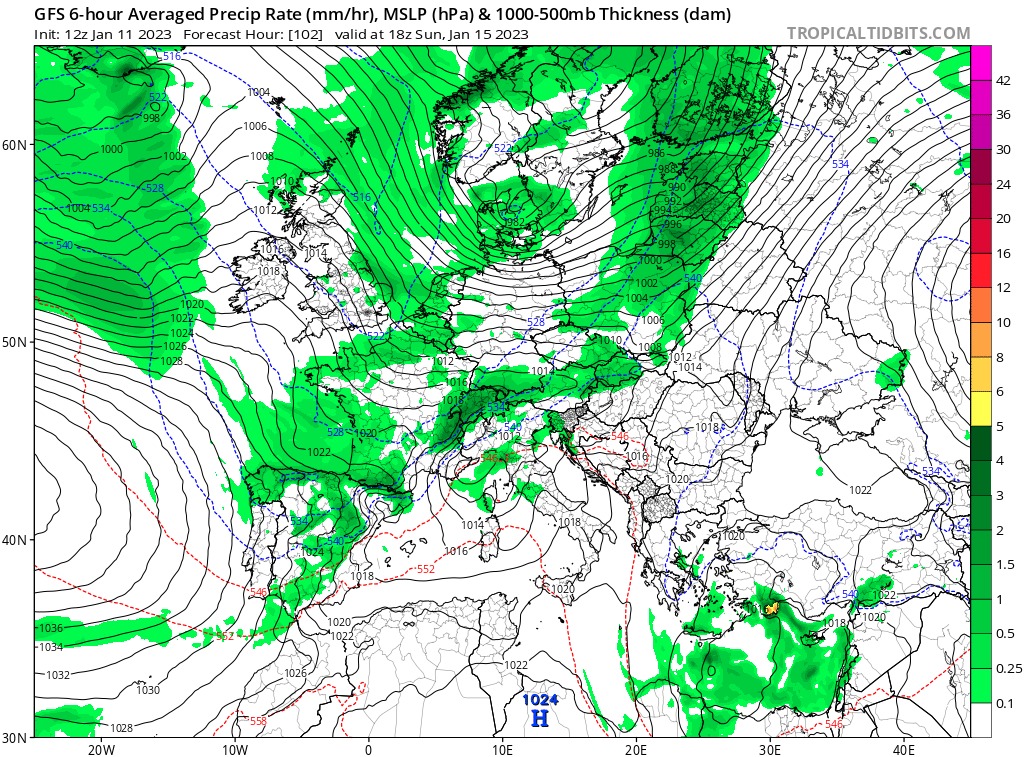 Mapa pronóstico válido el próximo domingo 15 de enero a las 1800 UTC. Se observa el viento del Noroeste al Norte invadiendo la península ibérica en el comienzo de una semana que se pronostica que será fría, con lluvias y nevadas en algunas zonas de la península.