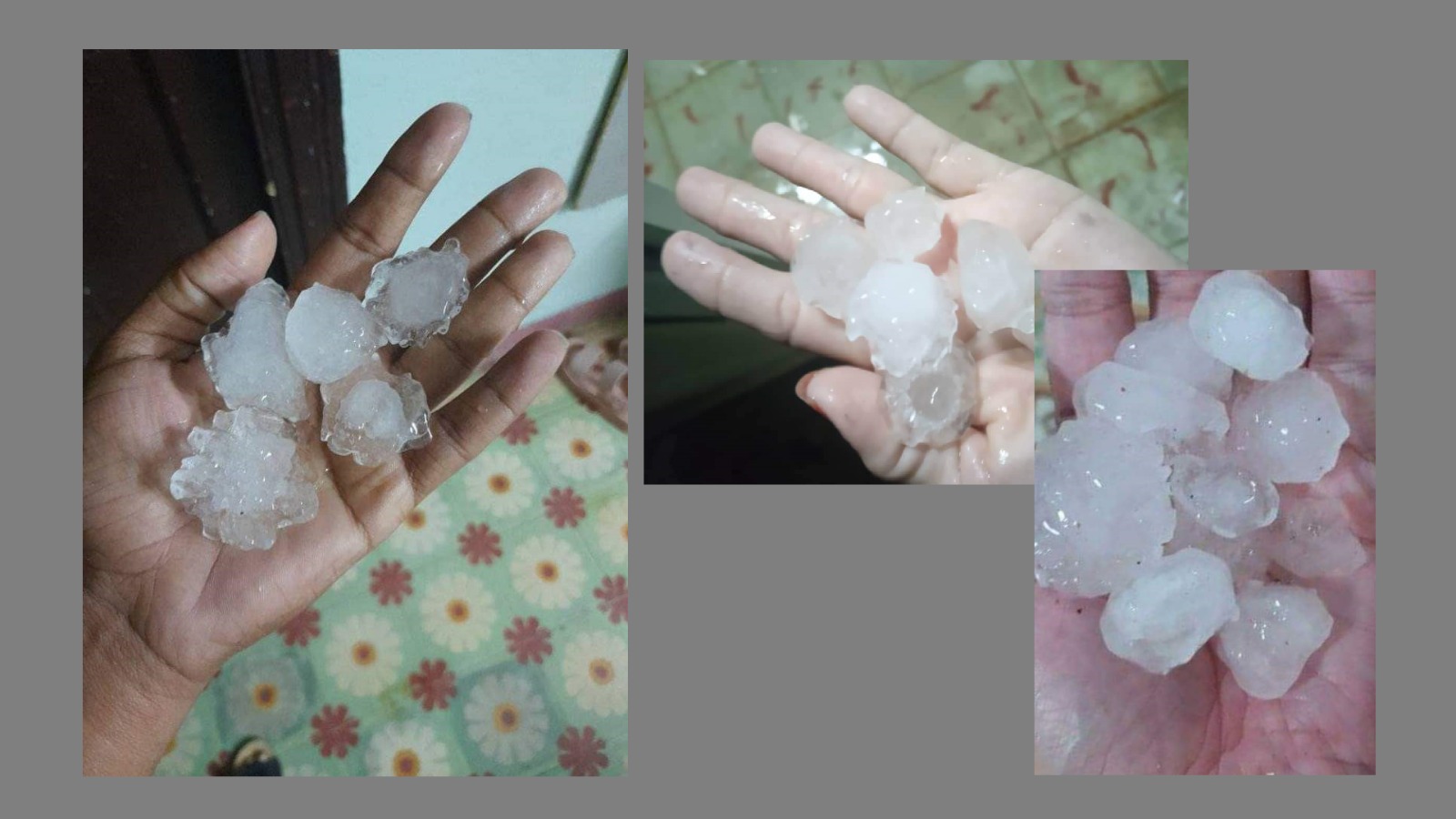 En estas imágenes tomadas de varias páginas de Facebook, puede apreciarse el tamaño de las piedras de granizo, comparándolas con las manos que las sostienen.