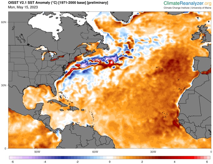El Atlántico Tropical también está mucho más cálido que lo normal.
