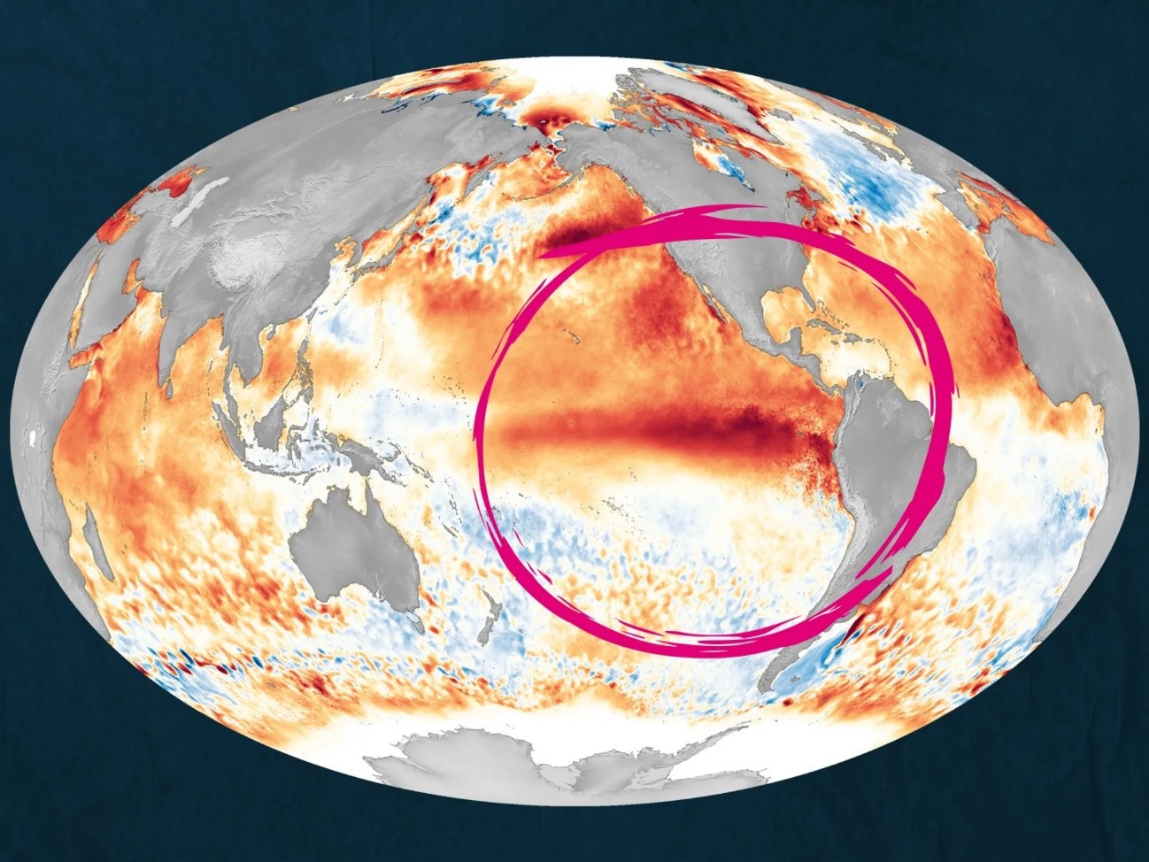 El evento El Niño está a punto de ocurrir este año. La tendencia a la elevación de la Temperatura Superficial del Mar se observa en esta imagen.